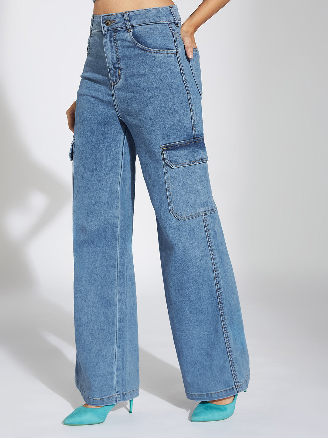 Women's Blue Wide-Leg High-Rise Heavy Wash Stretchable Cargo Denim Jeans