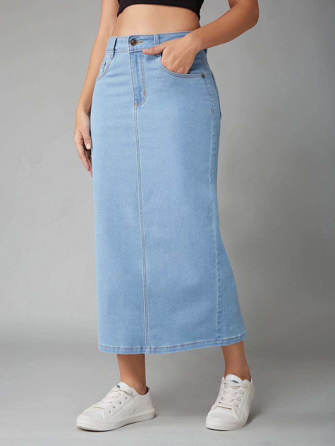 Women's Light Blue Straight High-Rise Clean-Look Midi Stretchable Denim Denim Skirt