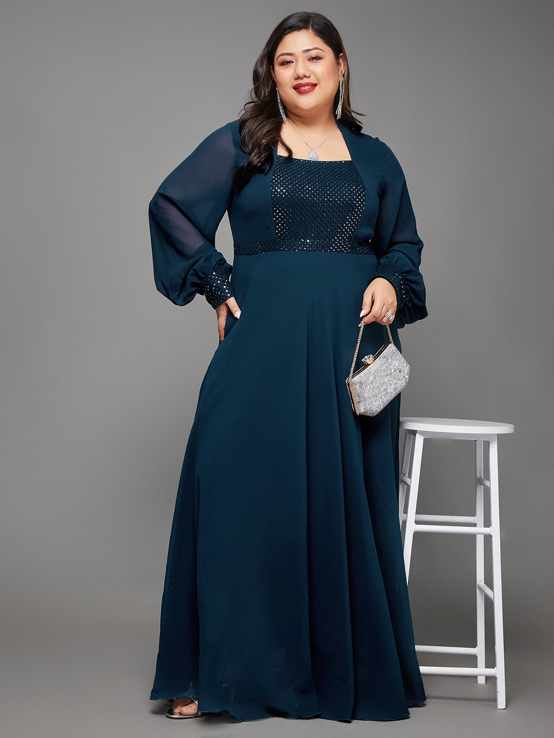 Teal Mandarin-Collar Bishop Sleeve Embellished Panelled Georgette Maxi Dress for Women
