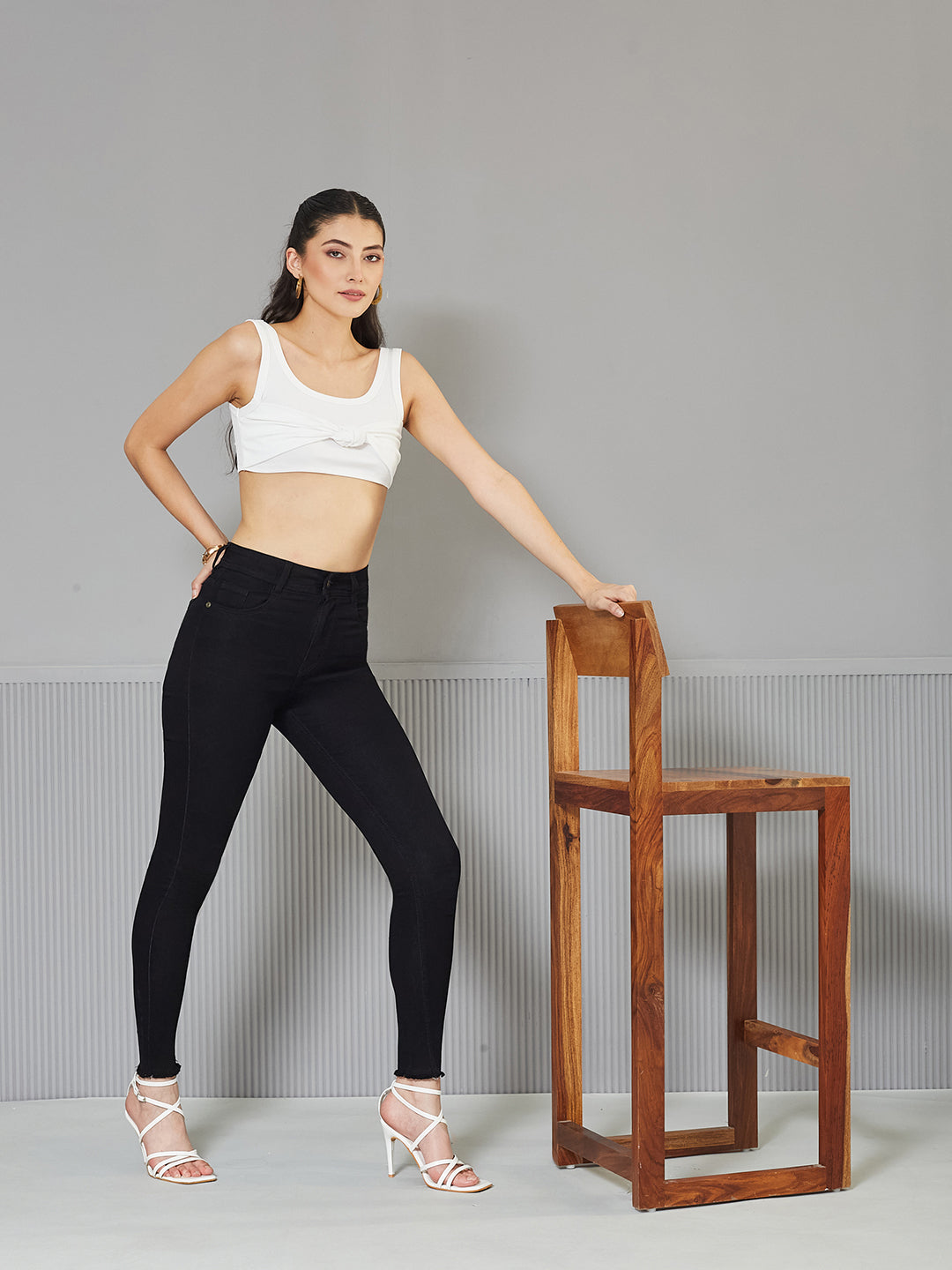 Black Slim-Fit High-Rise Denim Jeans for Women