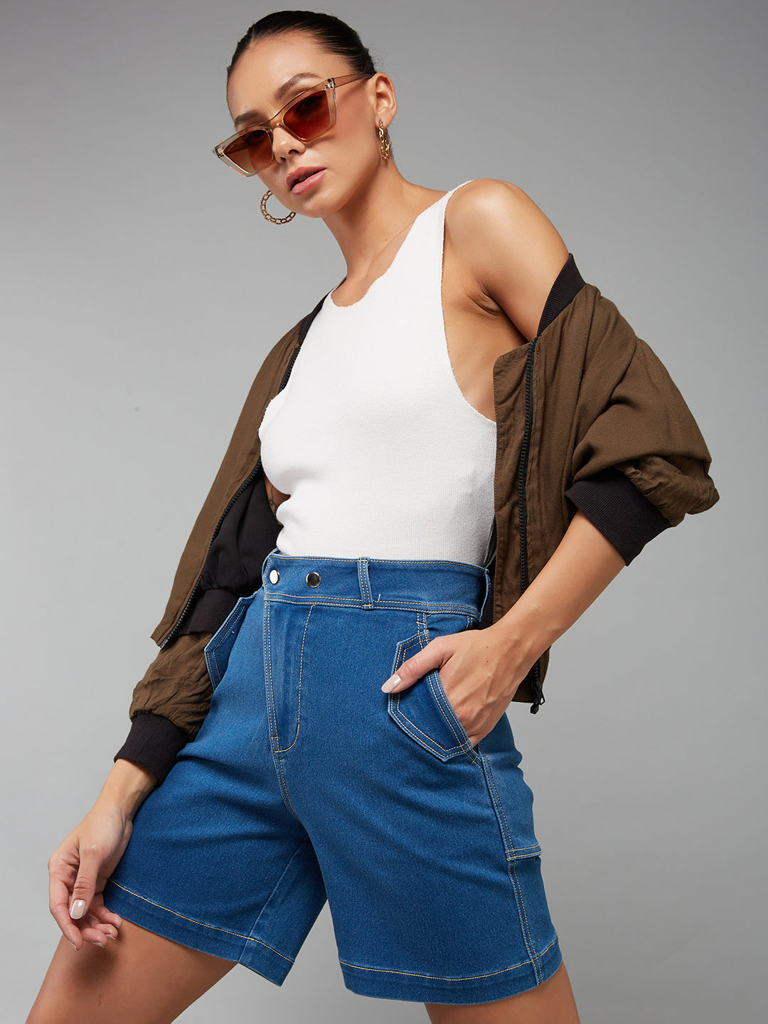 Relaxed-Fit Mid-Rise Clean-Look Stretchable Blue Denim Bermuda Shorts for Women
