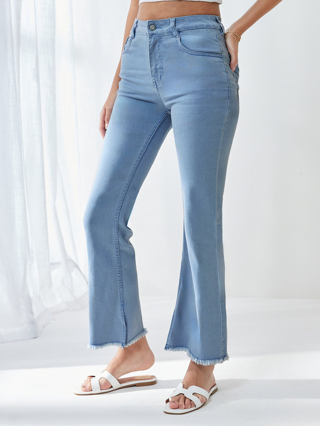 Light-Blue Bootcut High-Rise Cropped Denim Stretchable Jeans For Women