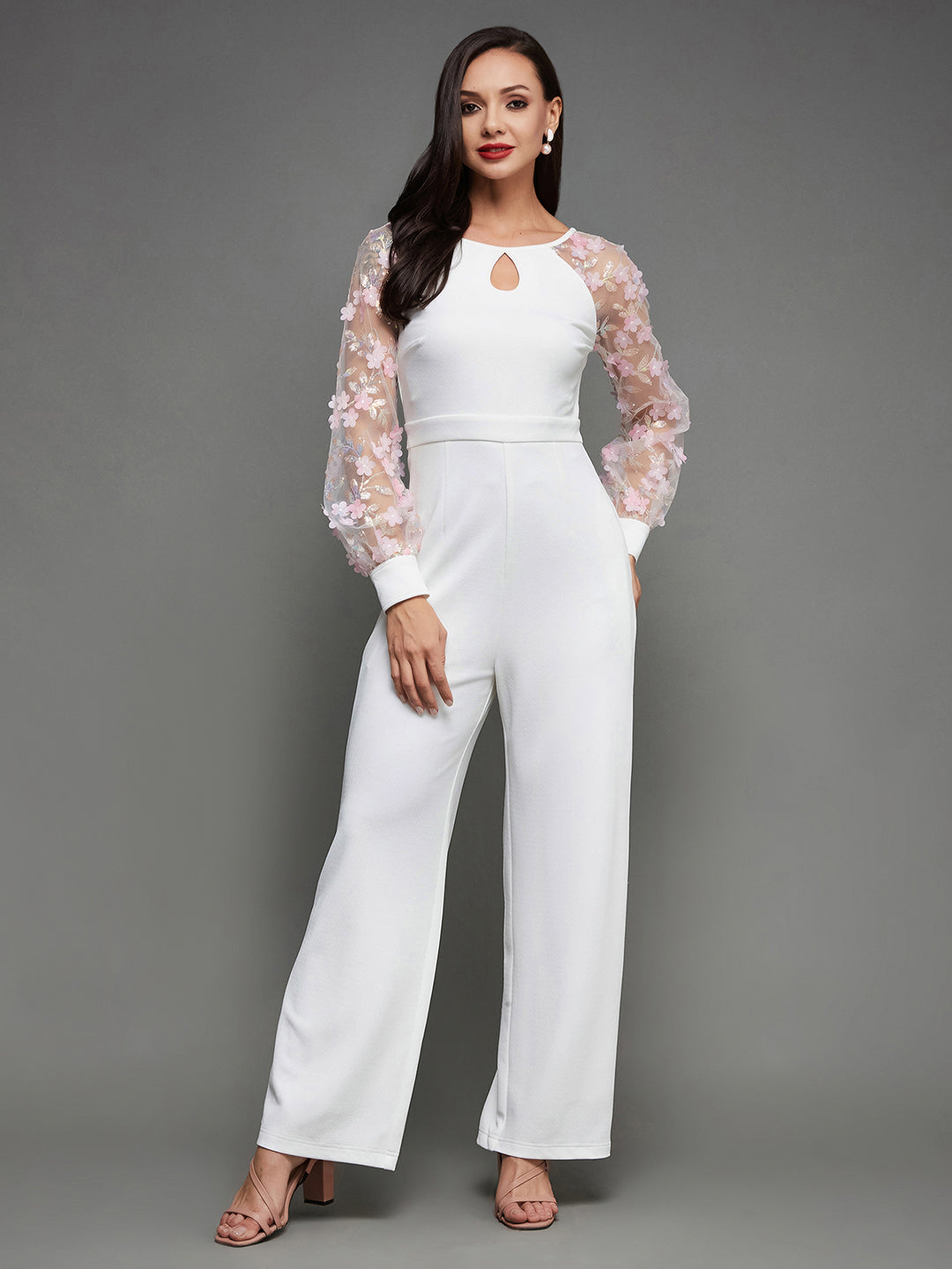 Women's Off White Floral Keyhole Neck Bishop Sleeves Side Pocketed Polyester Back Tie-Up Regular-Length Jumpsuit