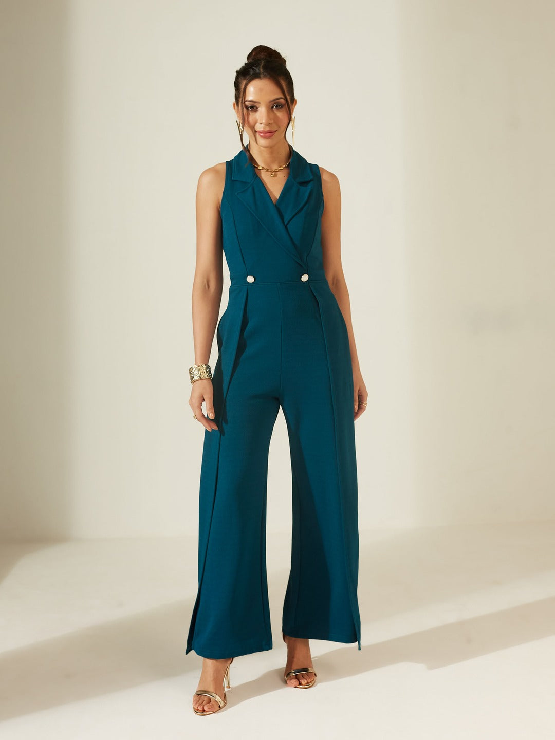 Teal Notched Collar Sleeveless Solid Wrap Regular-Length Jumpsuit for Women