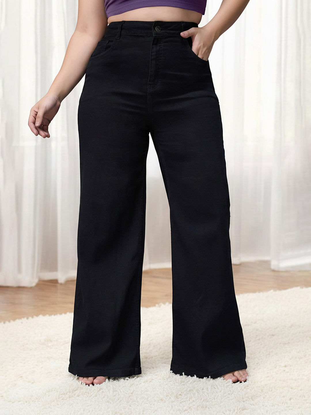 Black Wide Leg High Rise Stretchable Denim Jeans for Women