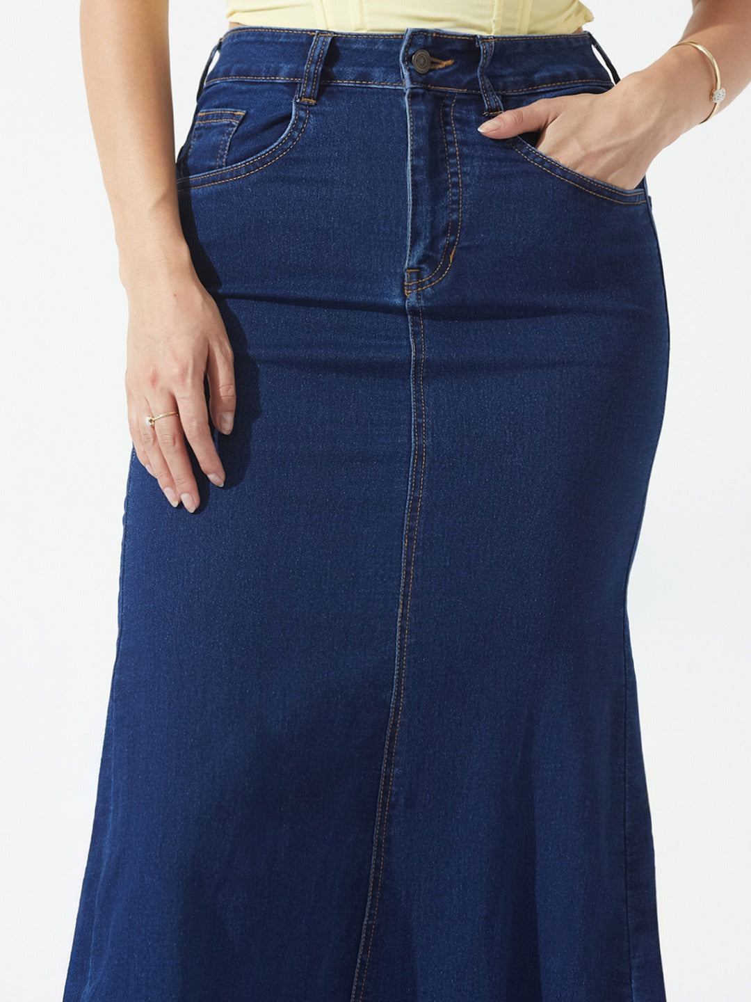 Dark Blue Flared High-Rise Stretchable Denim Maxi Skirt for Women
