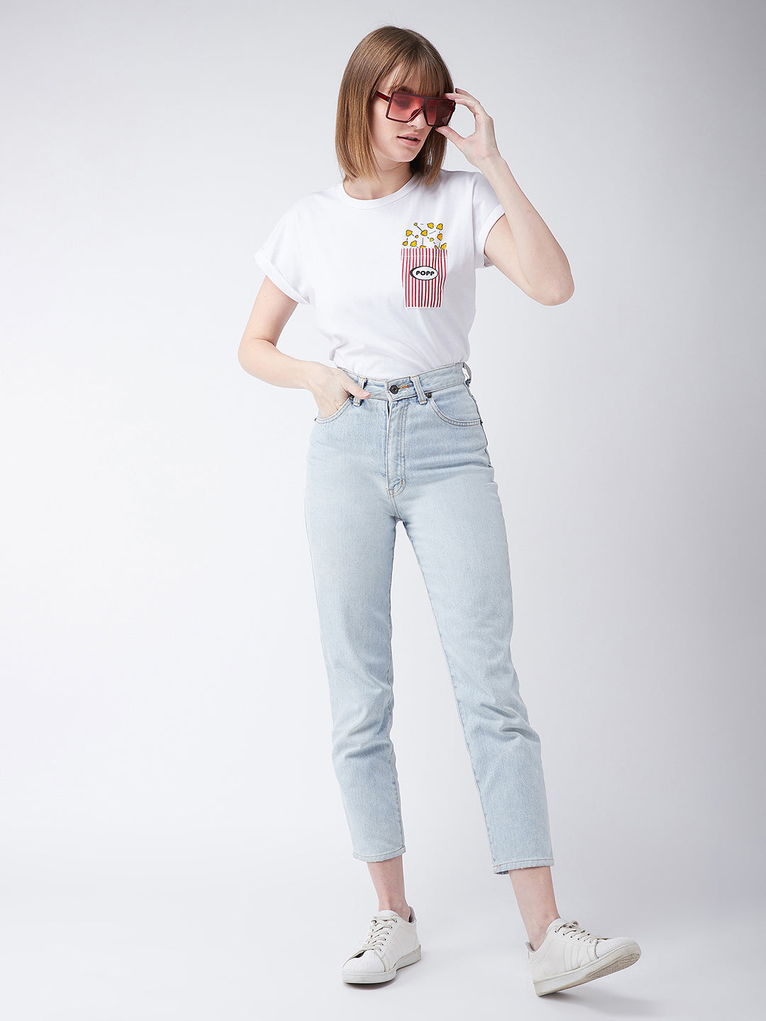 Women's White Cotton Round Neck Short Sleeve Graphic Print Basic T-Shirt