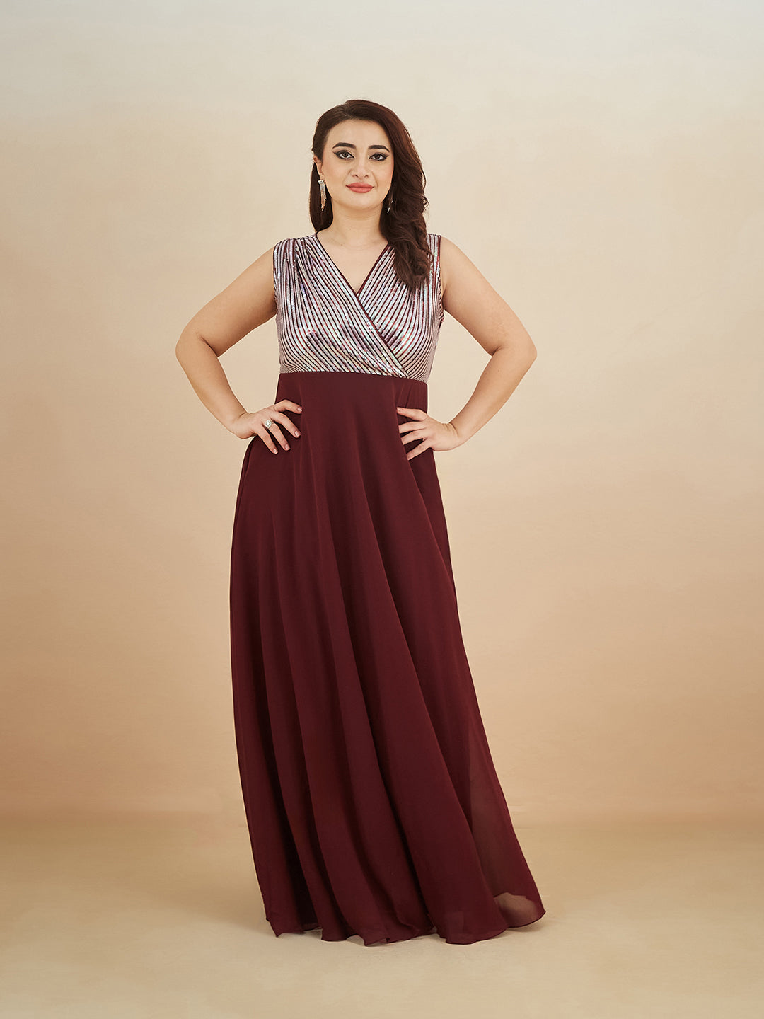Wine V-Neck Sleeveless Embellished Wrap-Styled Maxi Georgette Dress for Women