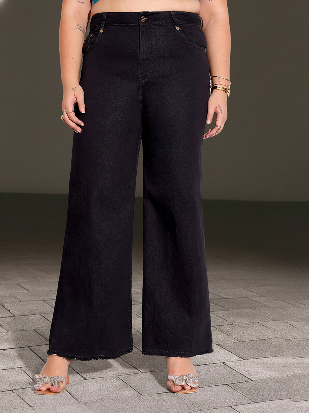 Black High Rise Stretchable Wide Leg Denim Jeans for Women