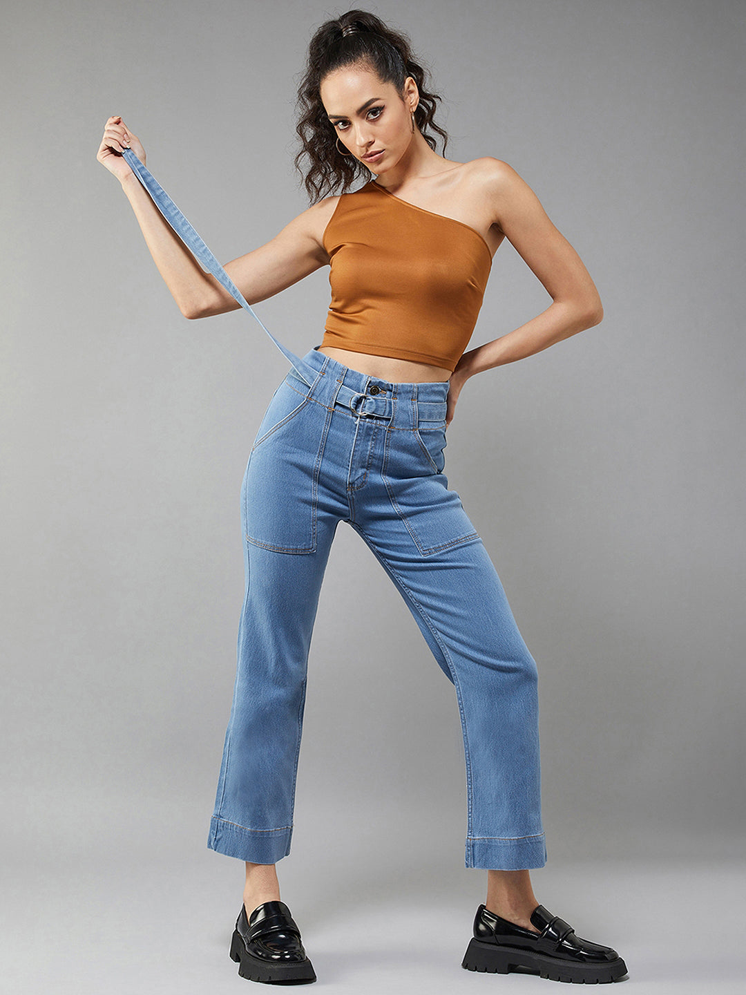 24/7 Comfort Light Blue flared High-Rise Clean-Look Cropped Stretchable Denim Jeans