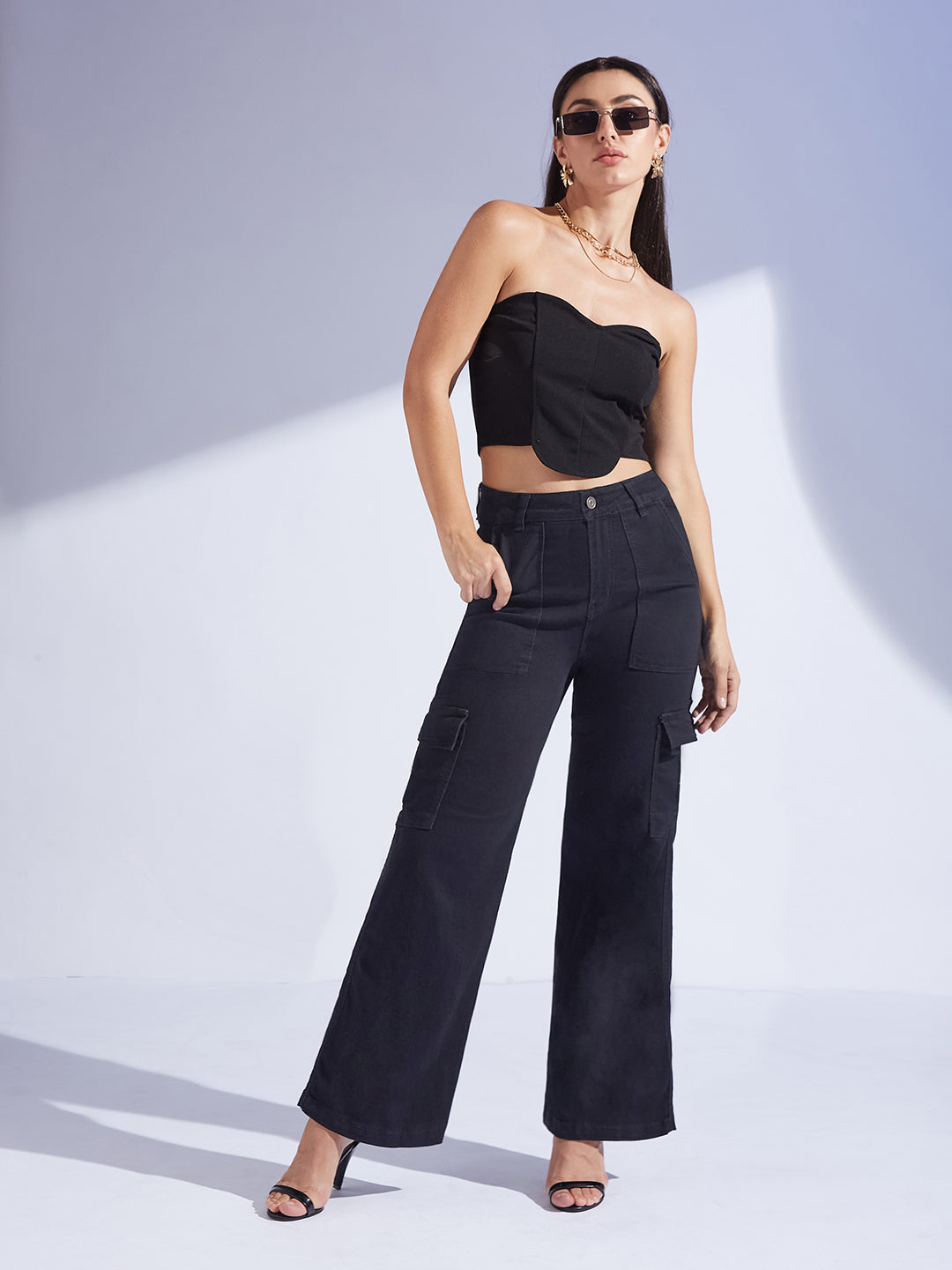 Women's Black Wide-Leg High-Rise Stretchable Denim Jeans