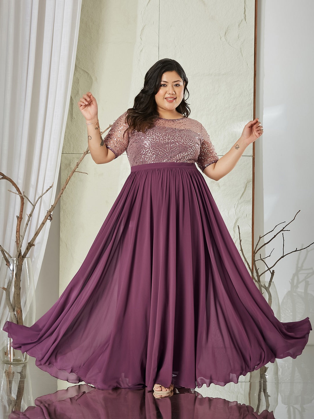 Mauve Relaxed Fit Maxi Georgette & Sequins Dress for Women
