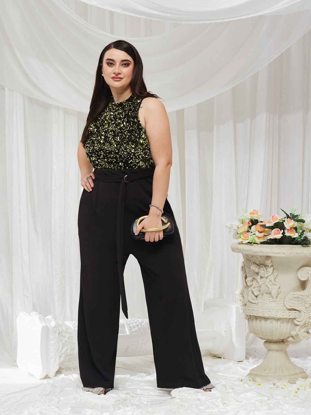 Black And Green Halter Neck Sleeveless Embellished Regular-Length Jumpsuit for Women