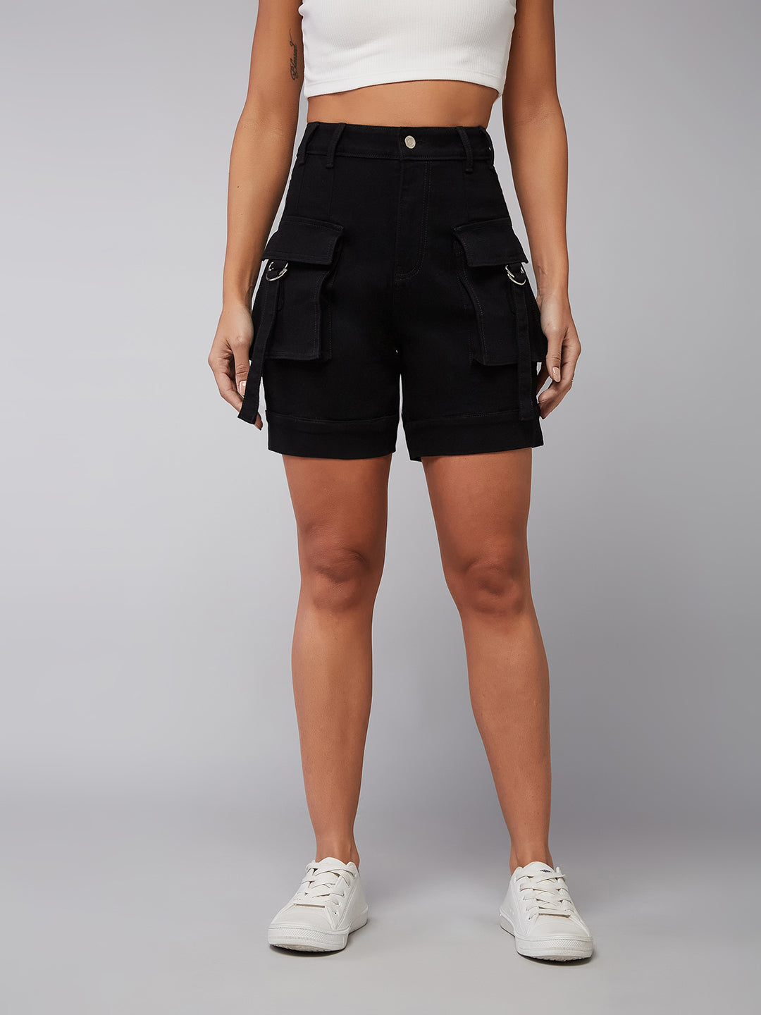 Women's Black Flared High-Rise Clean-Look Regular Stretchable Denim Shorts