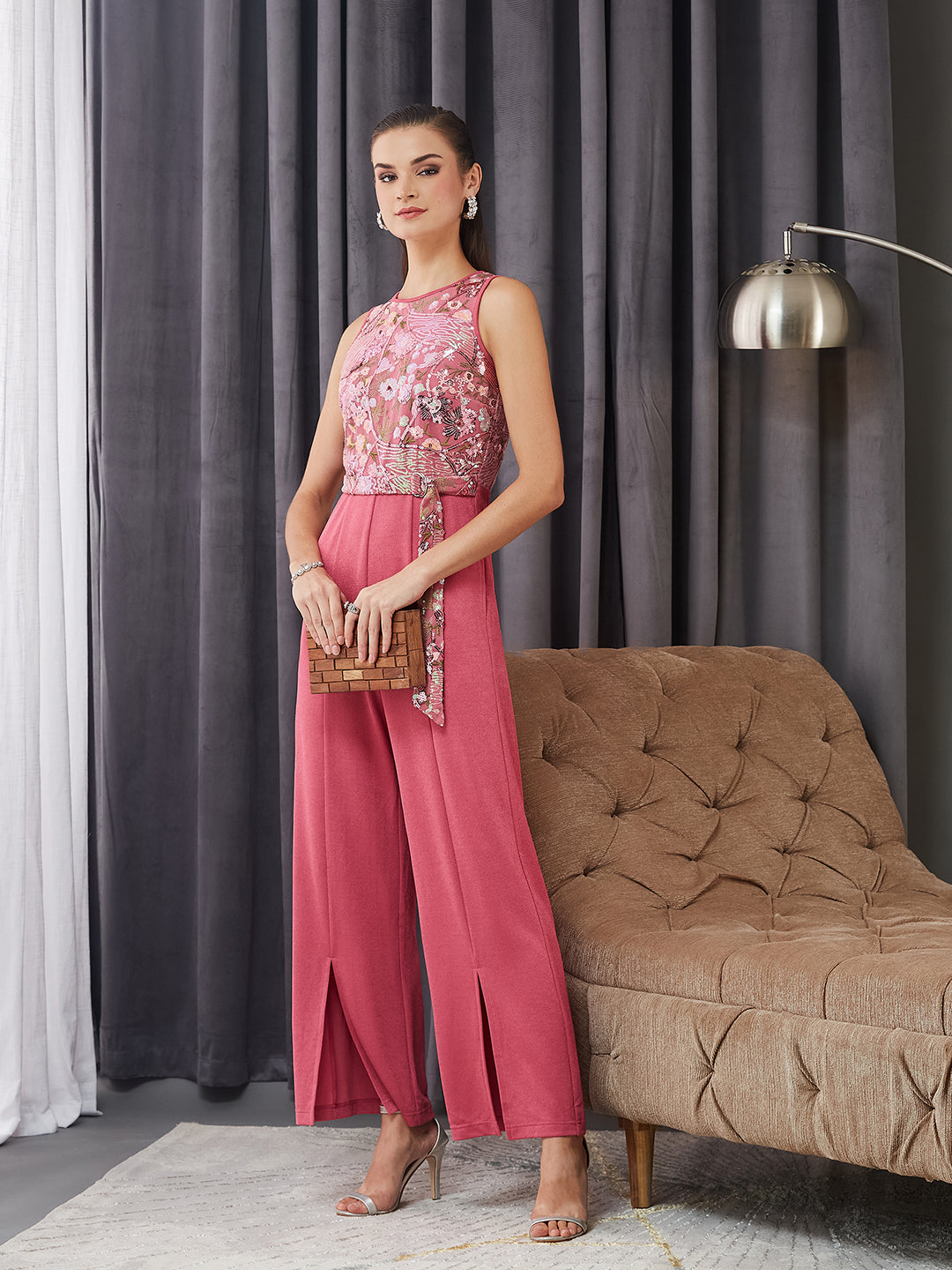 Women's Pink Round Neck Sleeveless Embroidered Straight Leg Polyester Regular-Length Jumpsuit