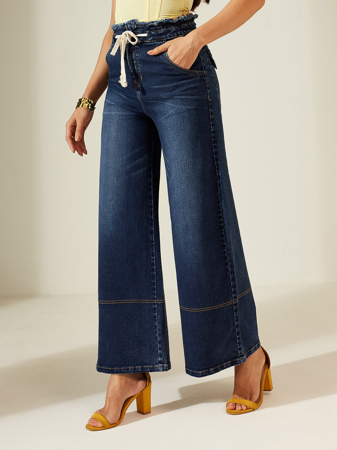 Navy Blue Wide-Leg High-Rise Mild Distressing Stretchable Denim Jeans for Women