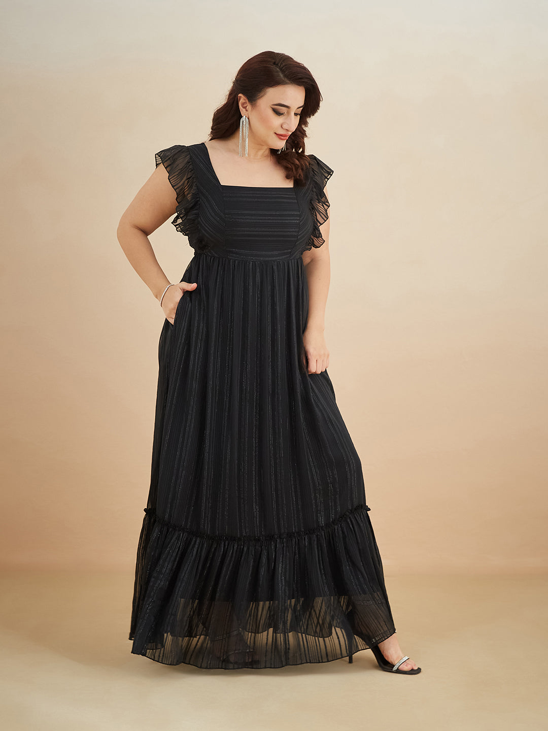 Black Square Neck Layered Ruffles Sleeve Floral Patterned Tiered Maxi Georgette Dress for Women