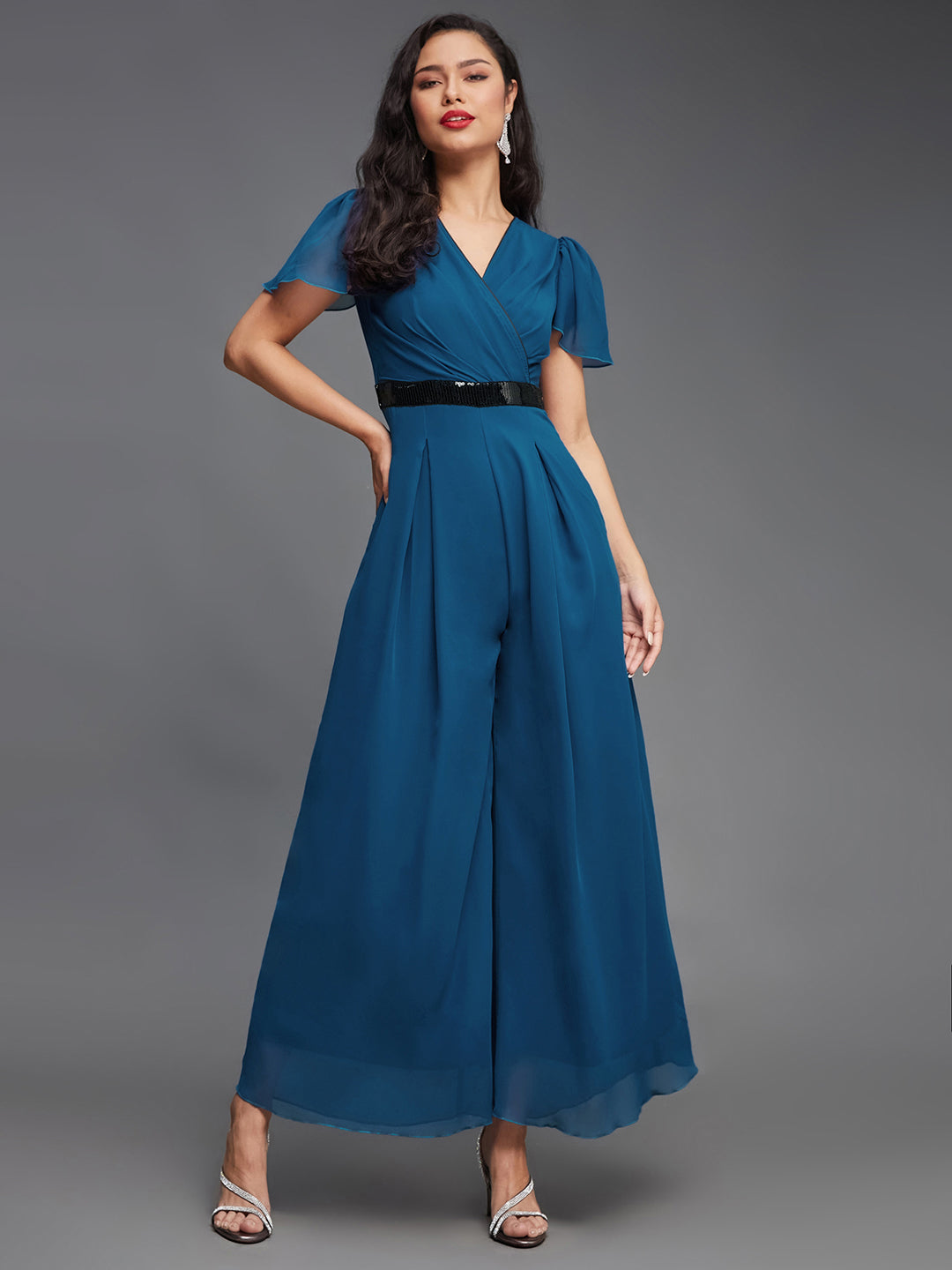 Women's Royal Blue Solid Relaxed Fit Short Sleeve V-Neck Ankle-Length Straight Jumpsuit