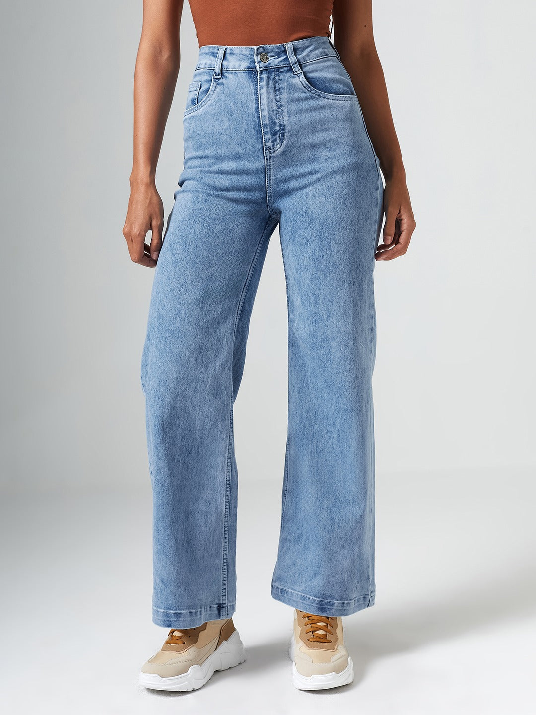 Light Blue Wide-Leg High Rise Clean Look Regular Stretchable Denim Jeans for Women