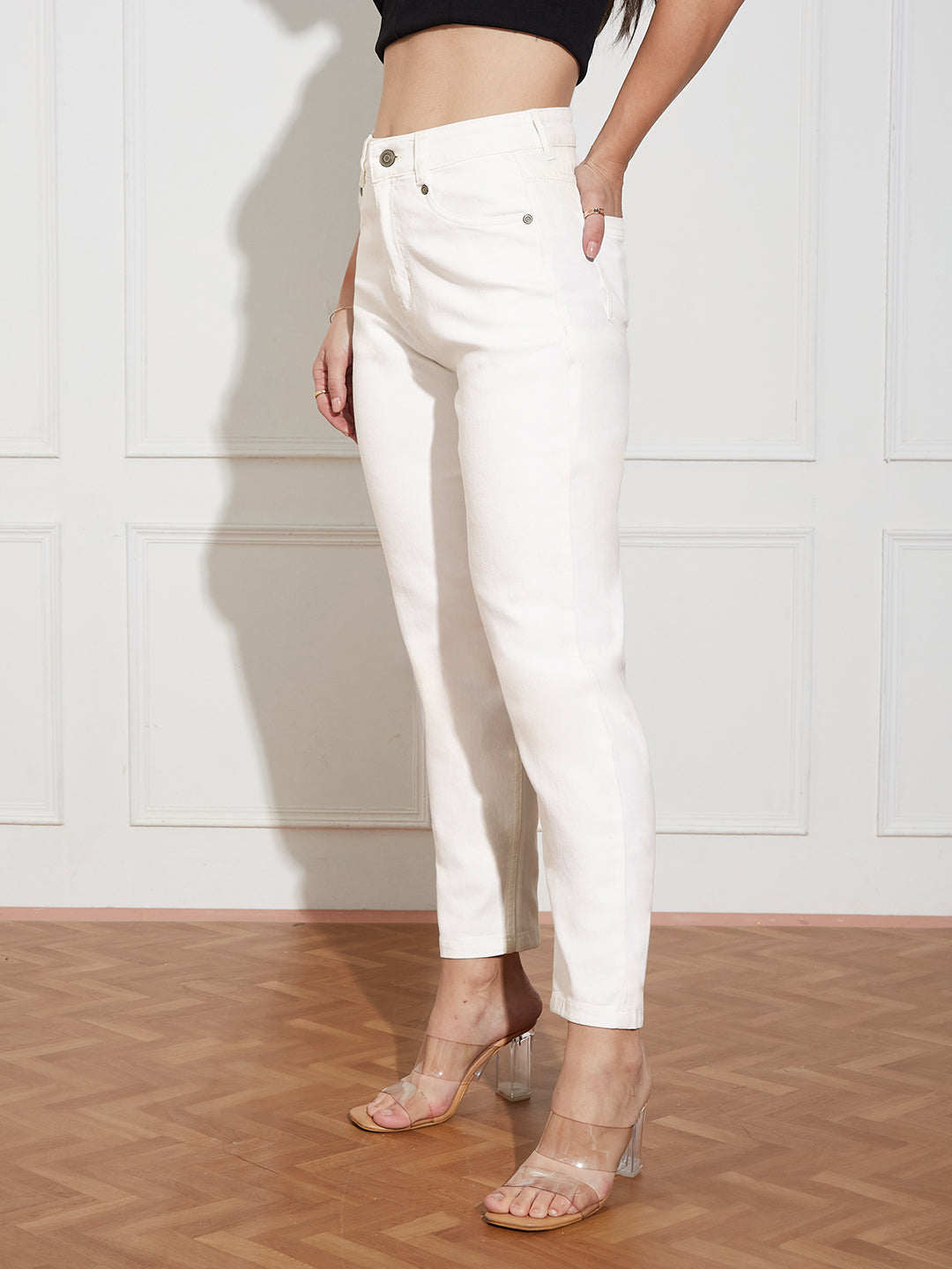 White High Rise Clean Look Regular-Length Stretchable Denim Mom Jeans for Women