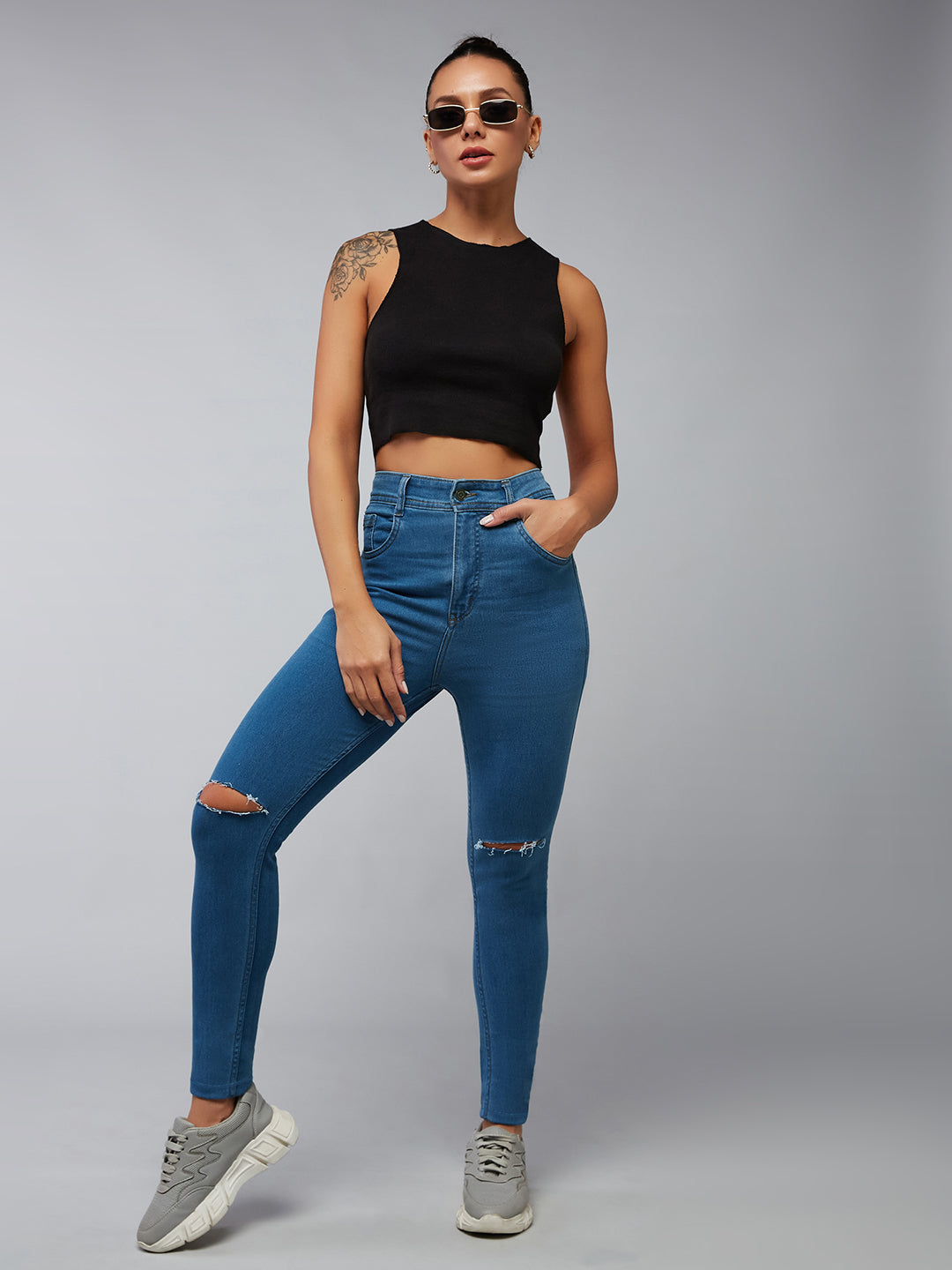 24/7 Comfort Blue Skinny-Fit High-Rise Midly-Distressed Stretchable Denim Jeans