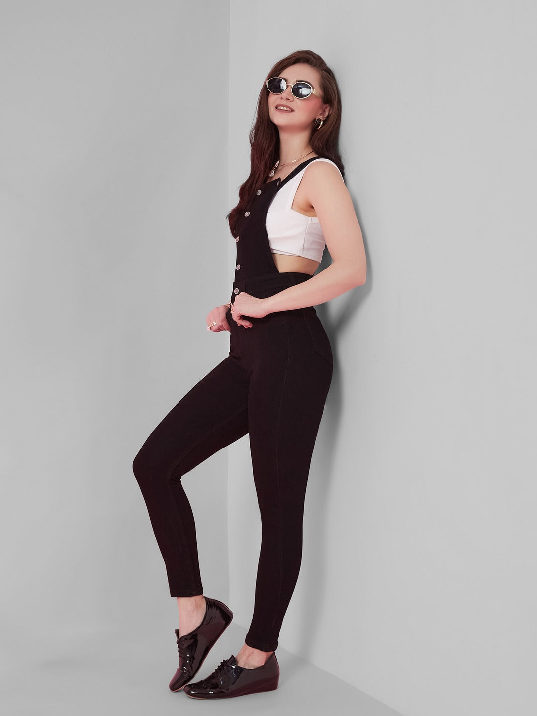 Black Skinny high-rise Regular Stretchable Denim Dungaree for Women
