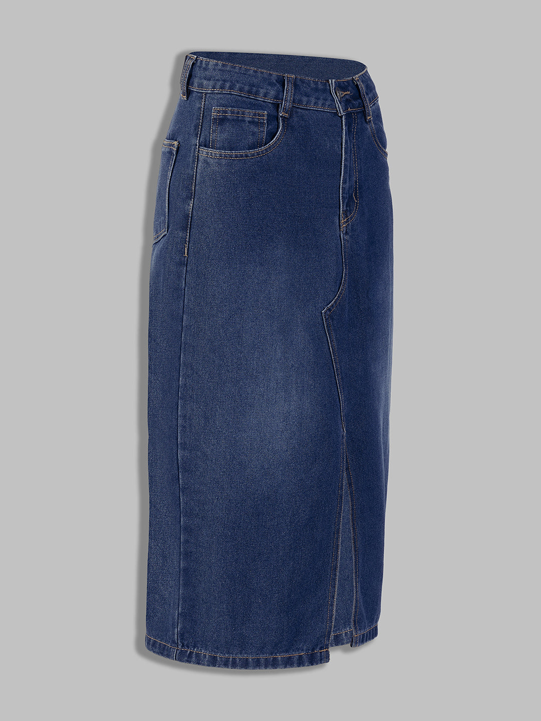 Women's Dark Blue A-Line High-Rise Non-Stretchable Denim Midi Skirt