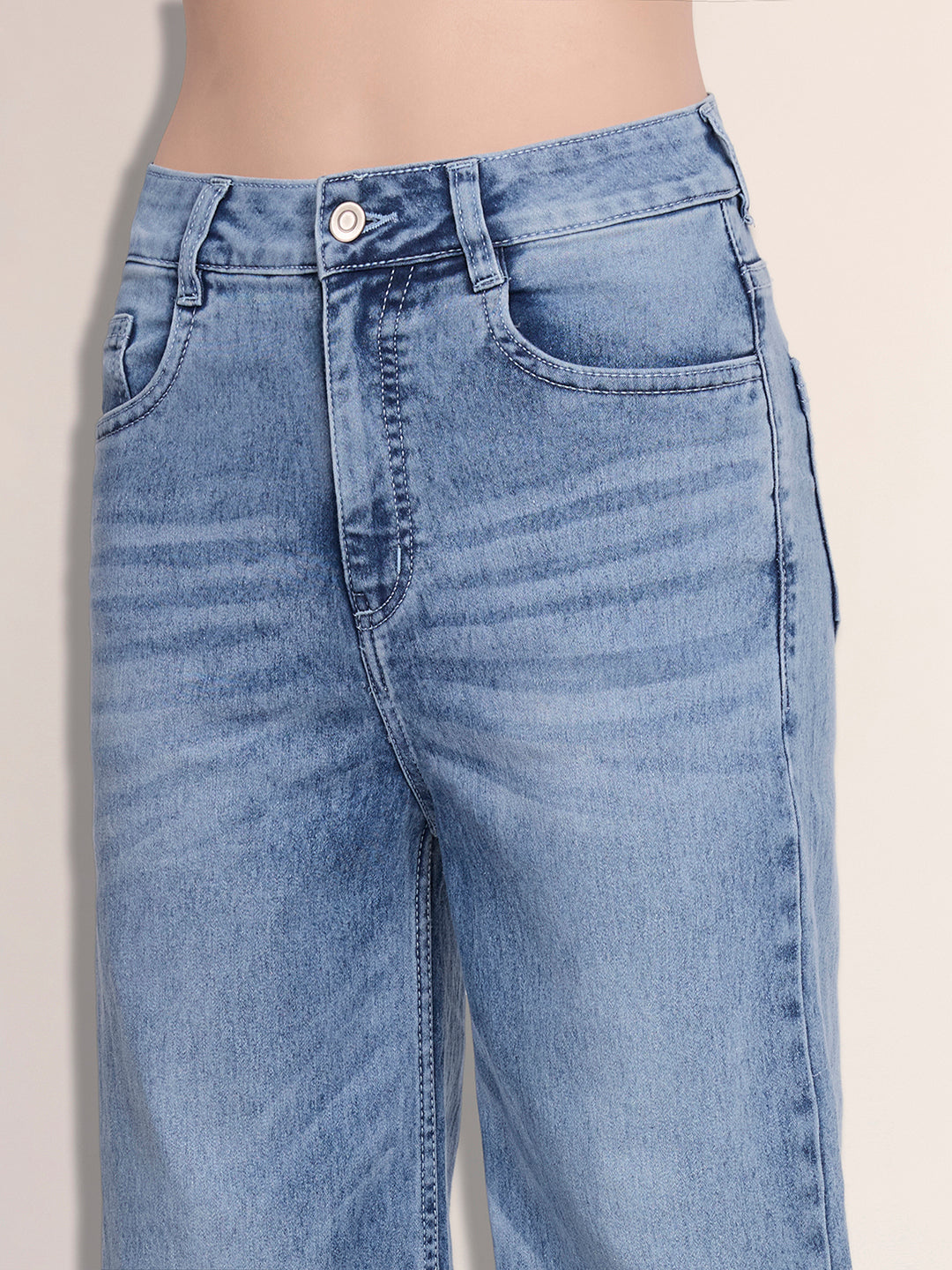 Women's Light Blue Wide-Leg High-Rise Stretchable Shaping Denim Jeans