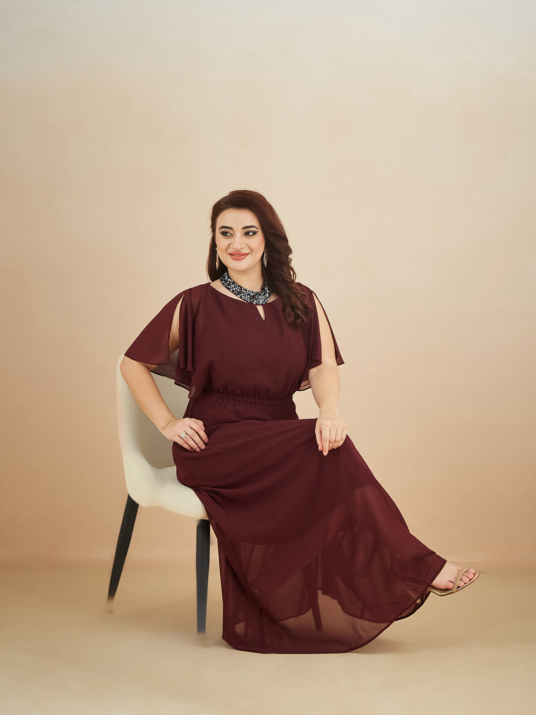 Wine Red Round Neck Flared Solid Embellished Choker/Gathered Maxi Dress for Women