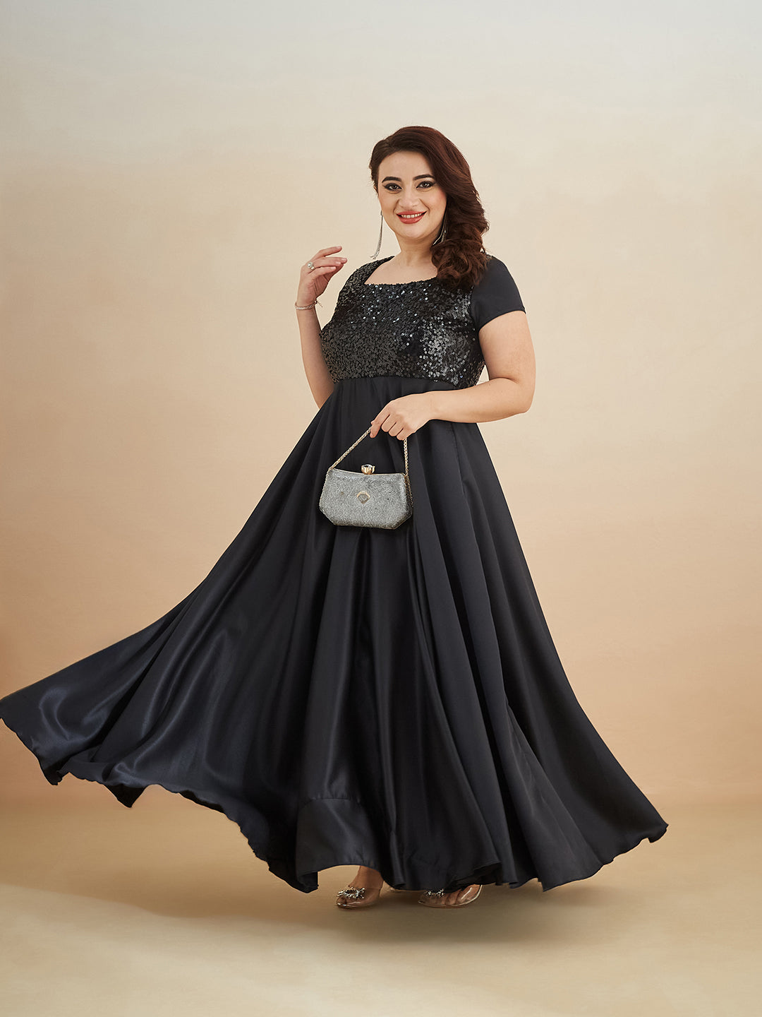 Black Square Neck Short Sleeve Embellished Polyester Fit & Flare Maxi Dress for Women