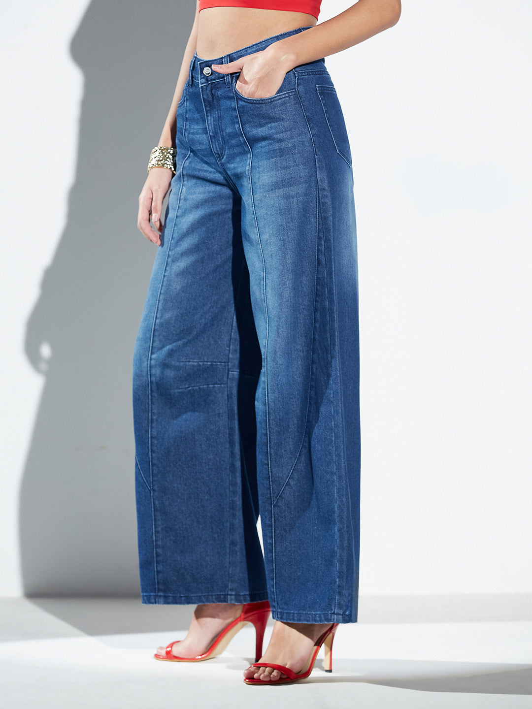 Dark Blue Barrel Fit High-Rise Denim Jeans for Women