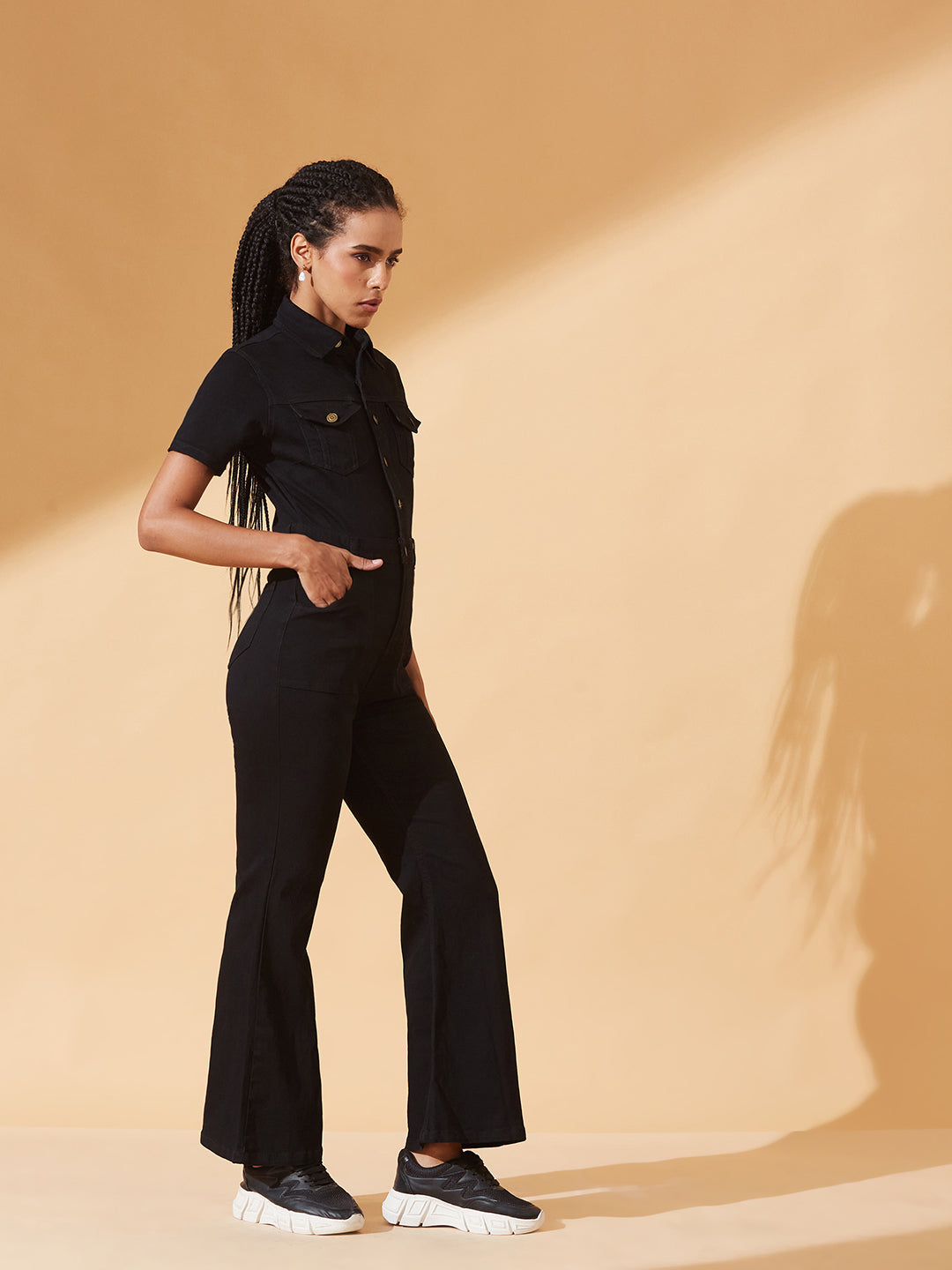 Black Flared High-Rise Regular Stretchable Denim Jumpsuit for Women — Dolce Crudo