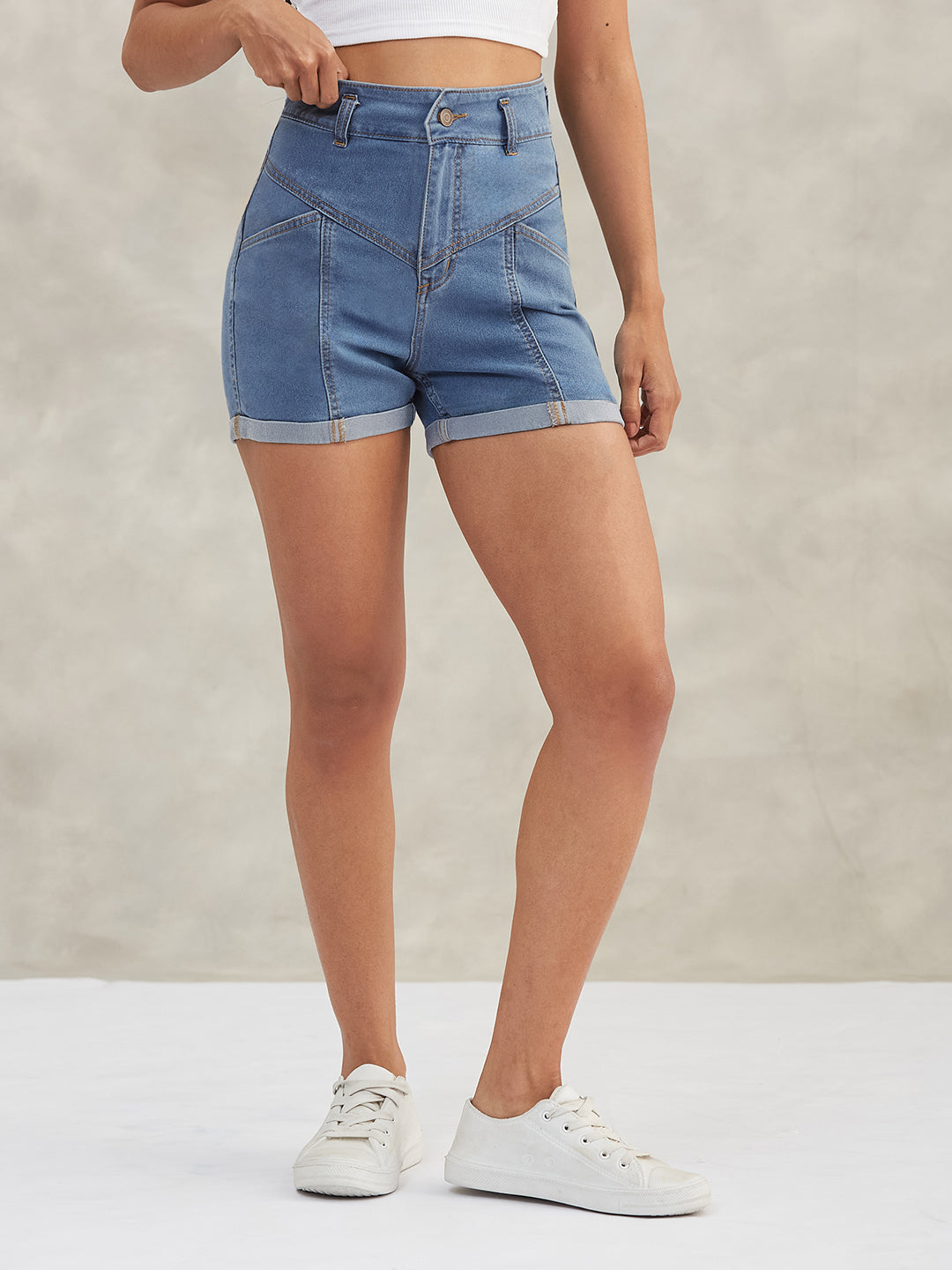 Women's Blue Relaxed-Fit High-Rise Stretchable Blue Denim Shorts