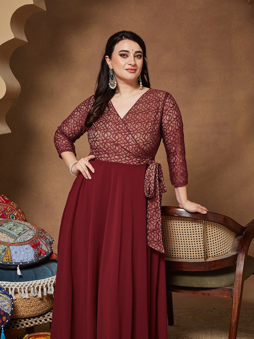 Maroon Floral Printed Relaxed Fit V-Neck 3/4Th Sleeve Georgette Maxi Dress for Women