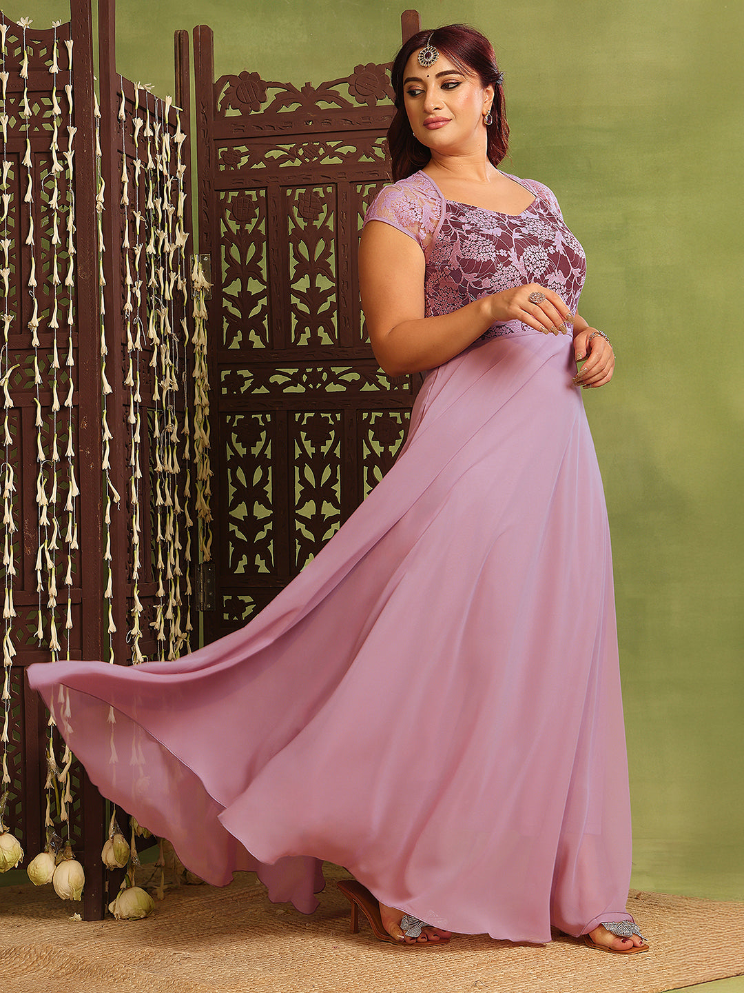 Women's Lavender & Wine V-Neck Cap-Sleeves Floral Lace Fit & Flare Maxi Dress