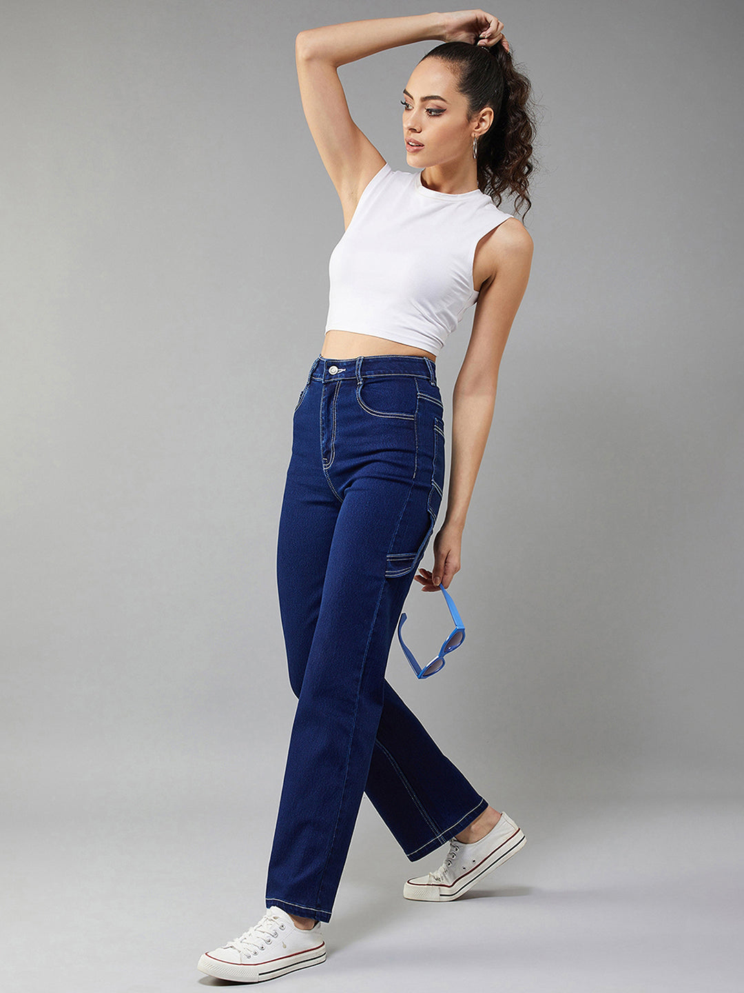 24/7 Comfort Navy-Blue Wide-Leg Bell-Bottom Bootcut High-Rise Stretchable Denim Jeans