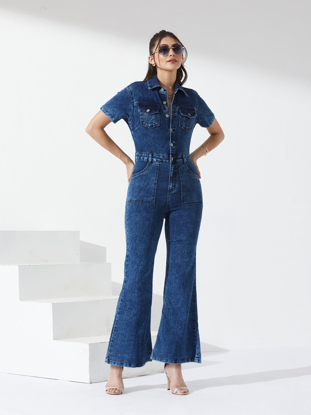Navy Blue Flared high-rise Regular Stretchable Denim Jumpsuit for Women