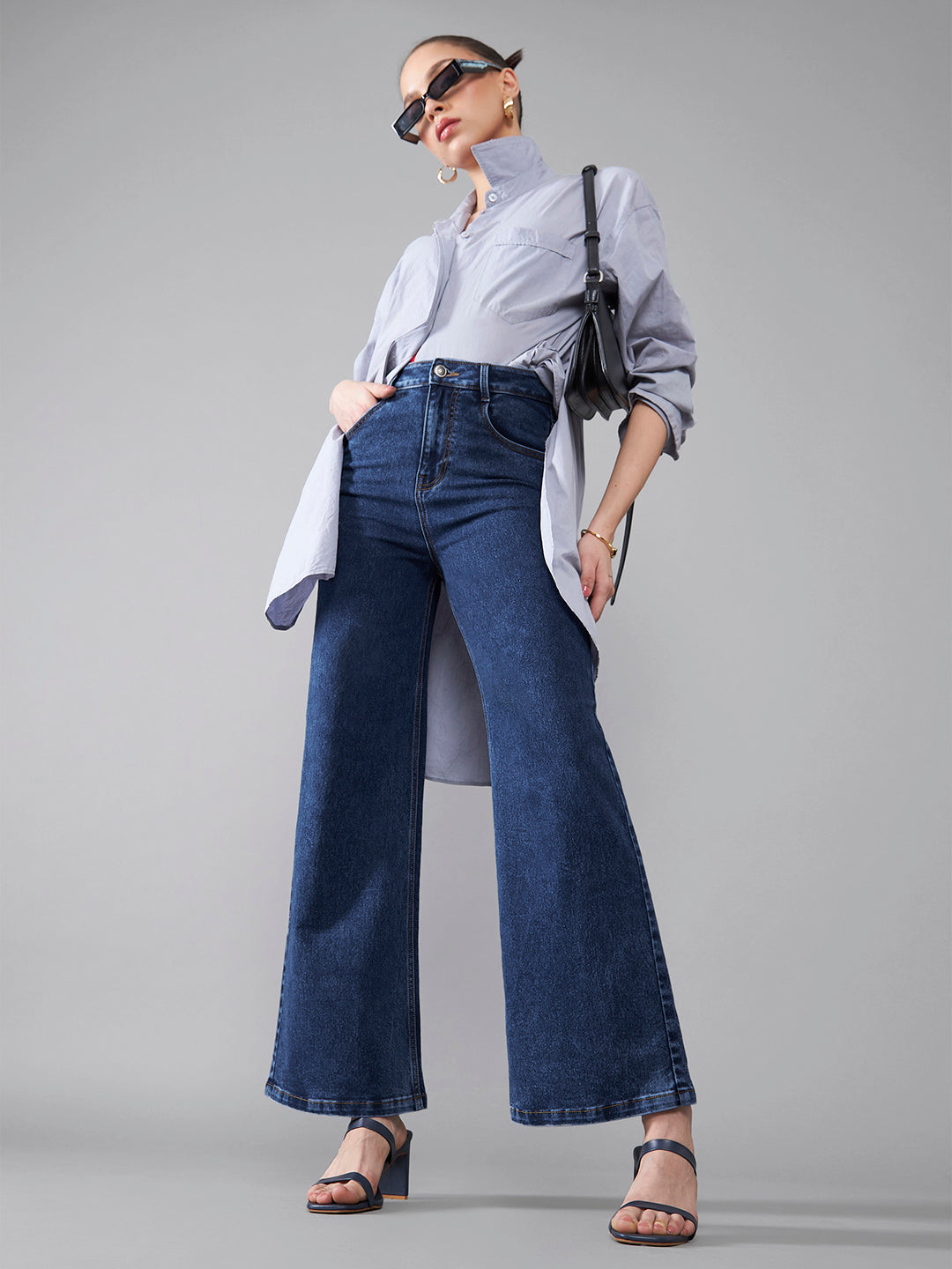 24/7 Comfort Mid-Blue Wide-Leg High-Rise Stretchable Denim Jeans