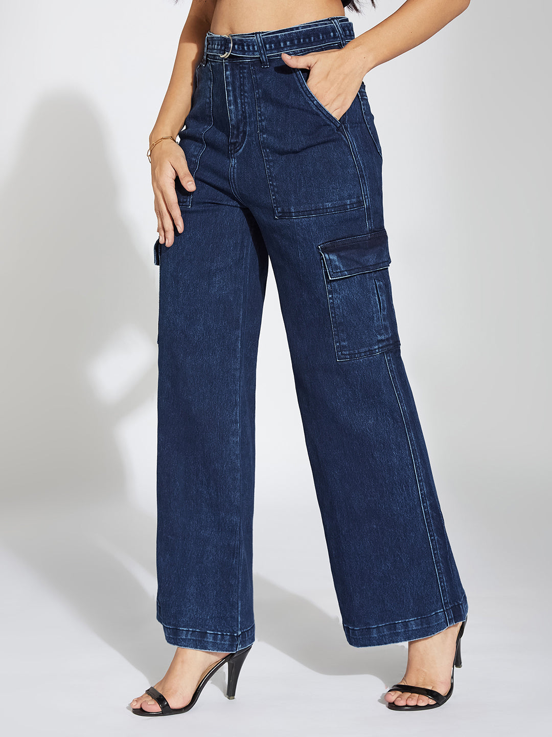 Women's Blue Wide-Leg High-Rise Clean-Look Stretchable Cargo Denim Jeans