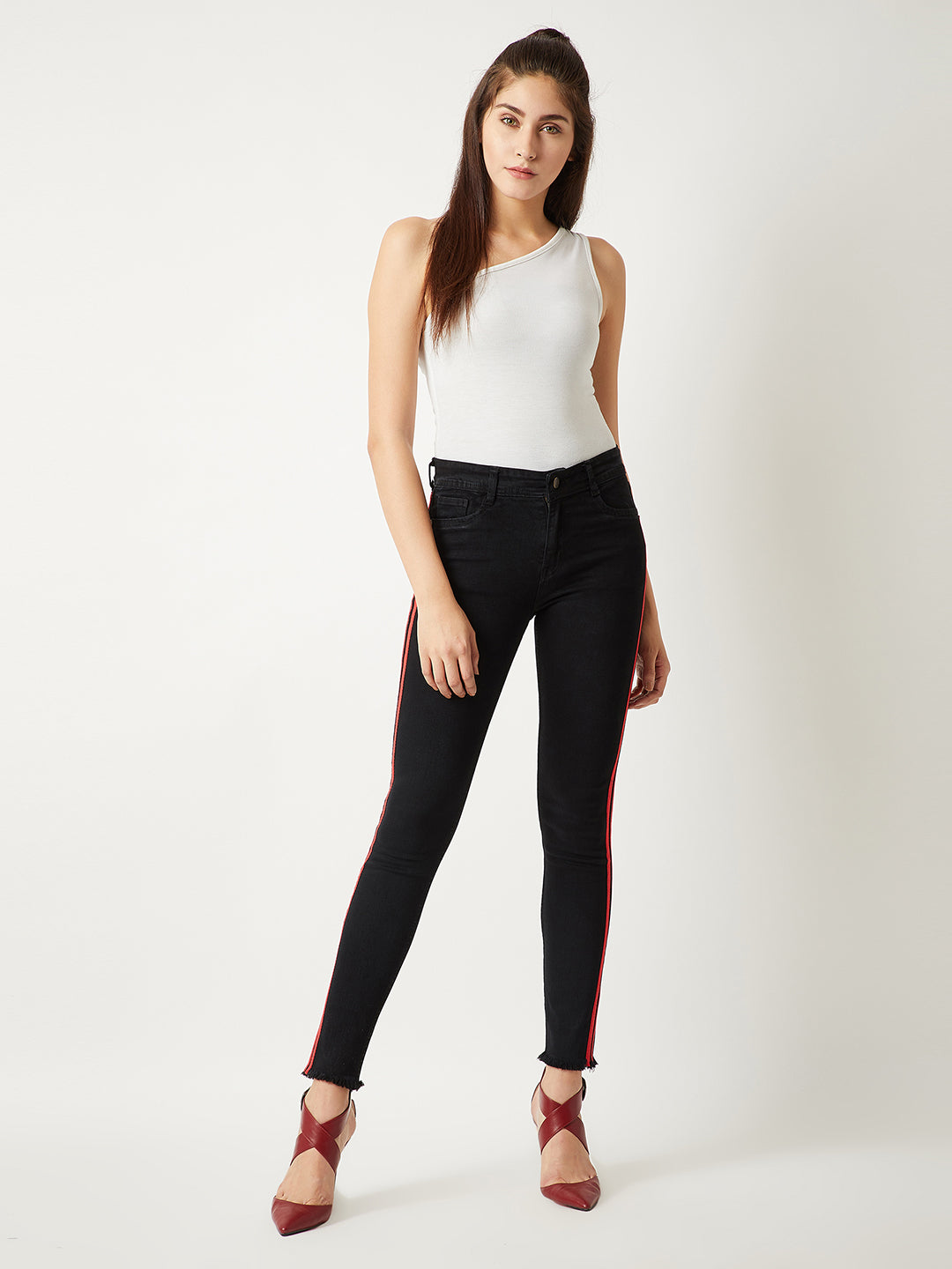 Women's Black Slim-Fit High-Rise twill Tape Detailing Stretchable Denim Jeans