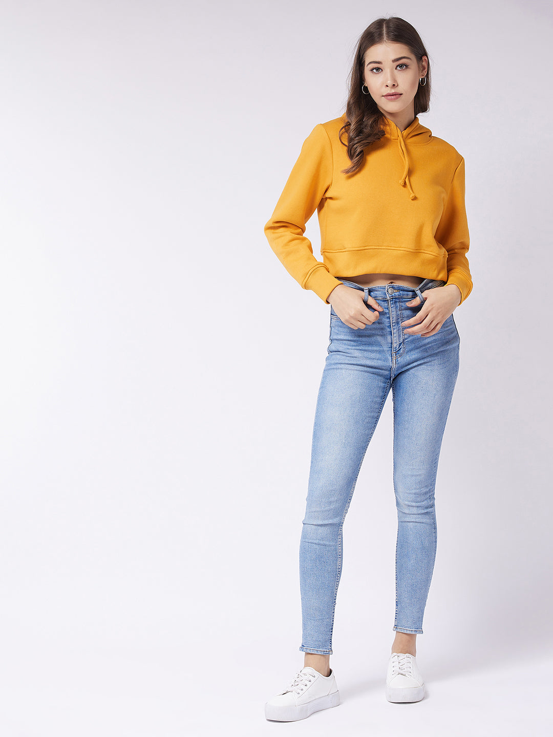Women's Mustard Round Neck Full Sleeve Solid Crop Sweatshirt