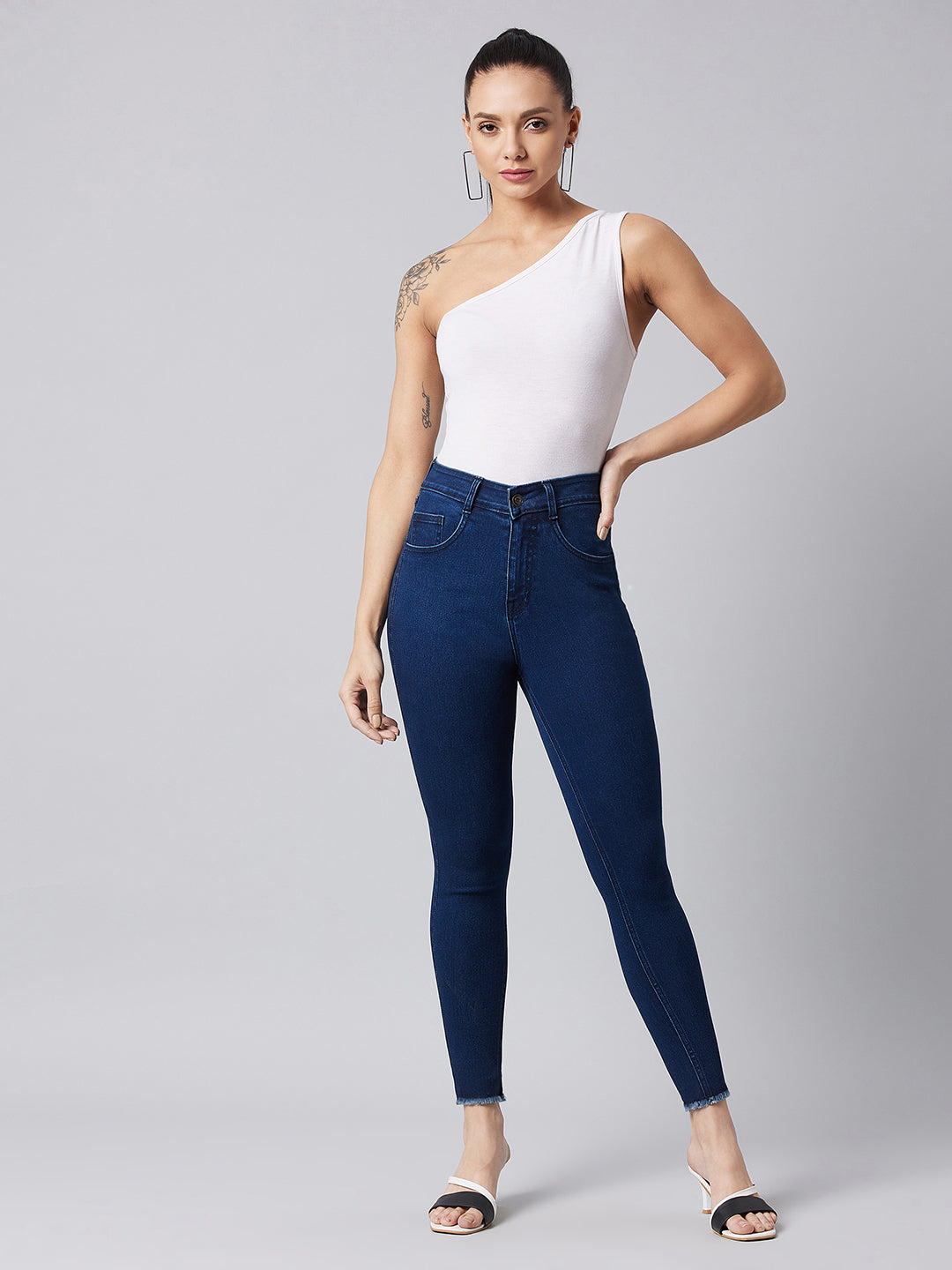 Women's Navy-Blue Skinny High-Rise Clean-Look Cropped Stretchable Denim Jeans