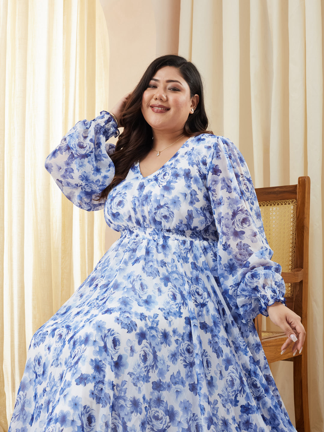 Multicolored Base White V-Neck Full Sleeve Floral Gathered Chiffon Maxi Dress for Women