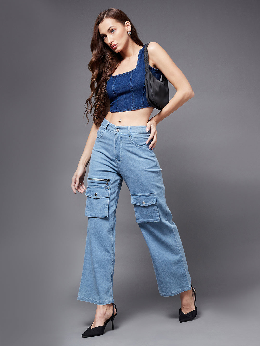 24/7 Comfort Light Blue Wide-Leg Mid-Rise Clean-Look Regular Stretchable Denim Jeans