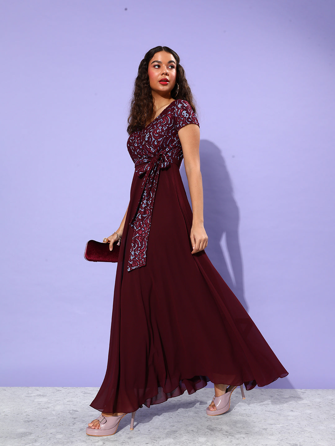 Wine Short Sleeves Wrap Fit and Flare Dress with Lace Belt for Women