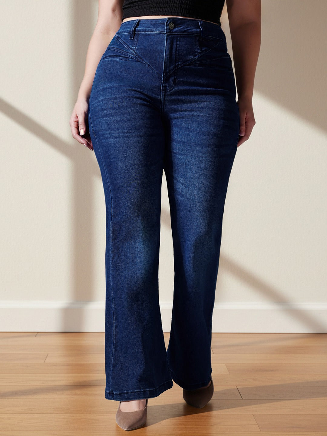 Mid Blue Wide-Leg High-Rise Stretchable Denim Jeans for Women