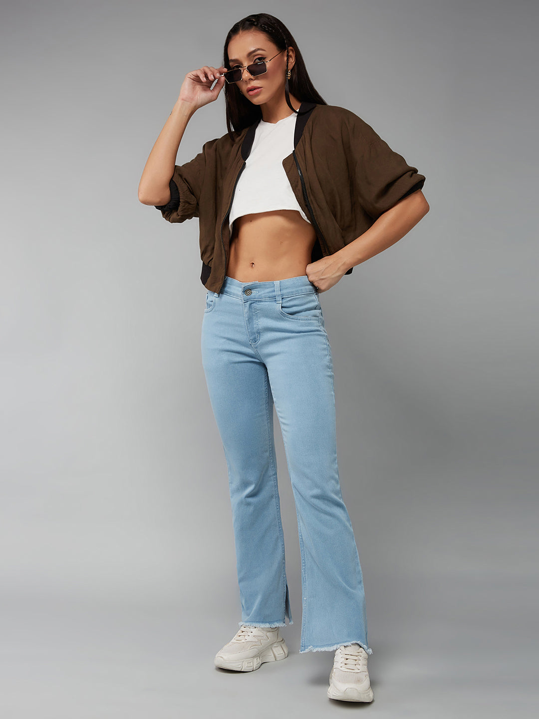 24/7 Comfort Light Blue Bell-Bottom Bootcut Hourglass High-Rise Cropped Stretchable Denim Jeans