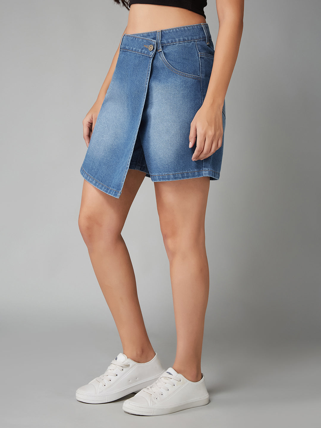 Women's Mid-Blue Regular High-Rise Clean-Look Regular Denim Skorts