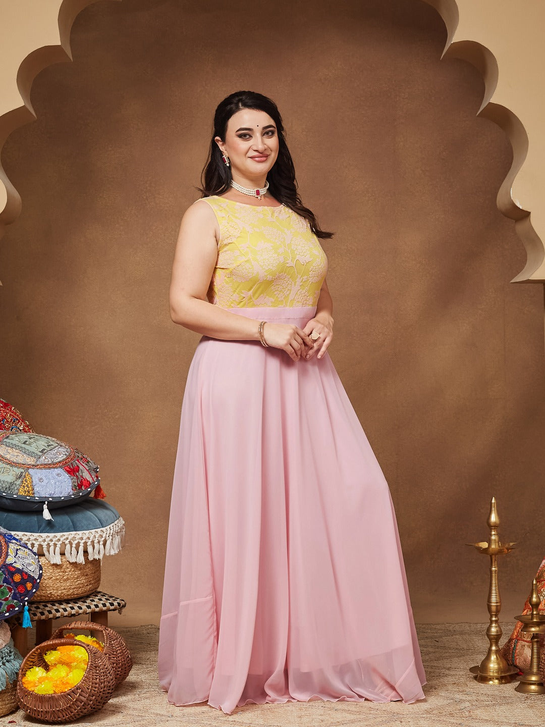 Dusty Pink Boat Neck Sleeveless Self Design Lace Overlaid Georgette Maxi Dress for Women