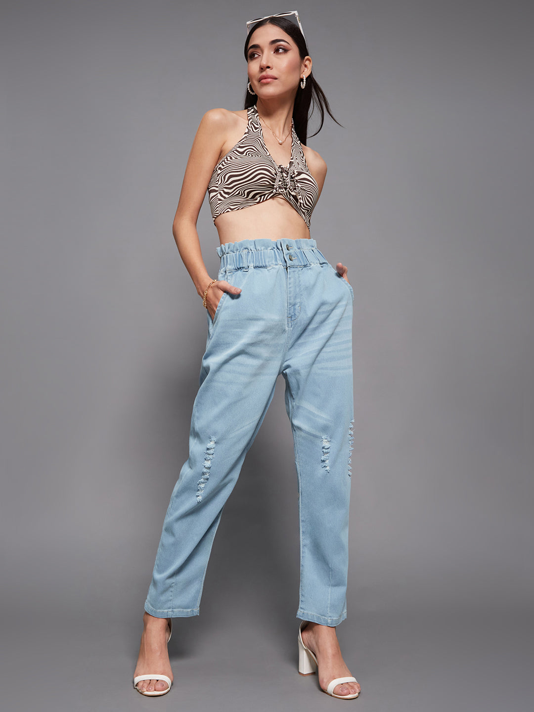 Women's Light Blue Mom's Jean High-Rise Mild Distress Stretchable Denim Jeans